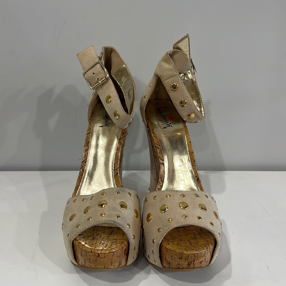 Light Tan Faux Suede Gold Studded Sandals w/Ankle Strap. Heel height 5.5 inches